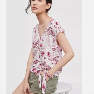 Anthropologie TINY V Neck SEASIDE Tie Front Palm Trees Umbrellas Beachy Top XS